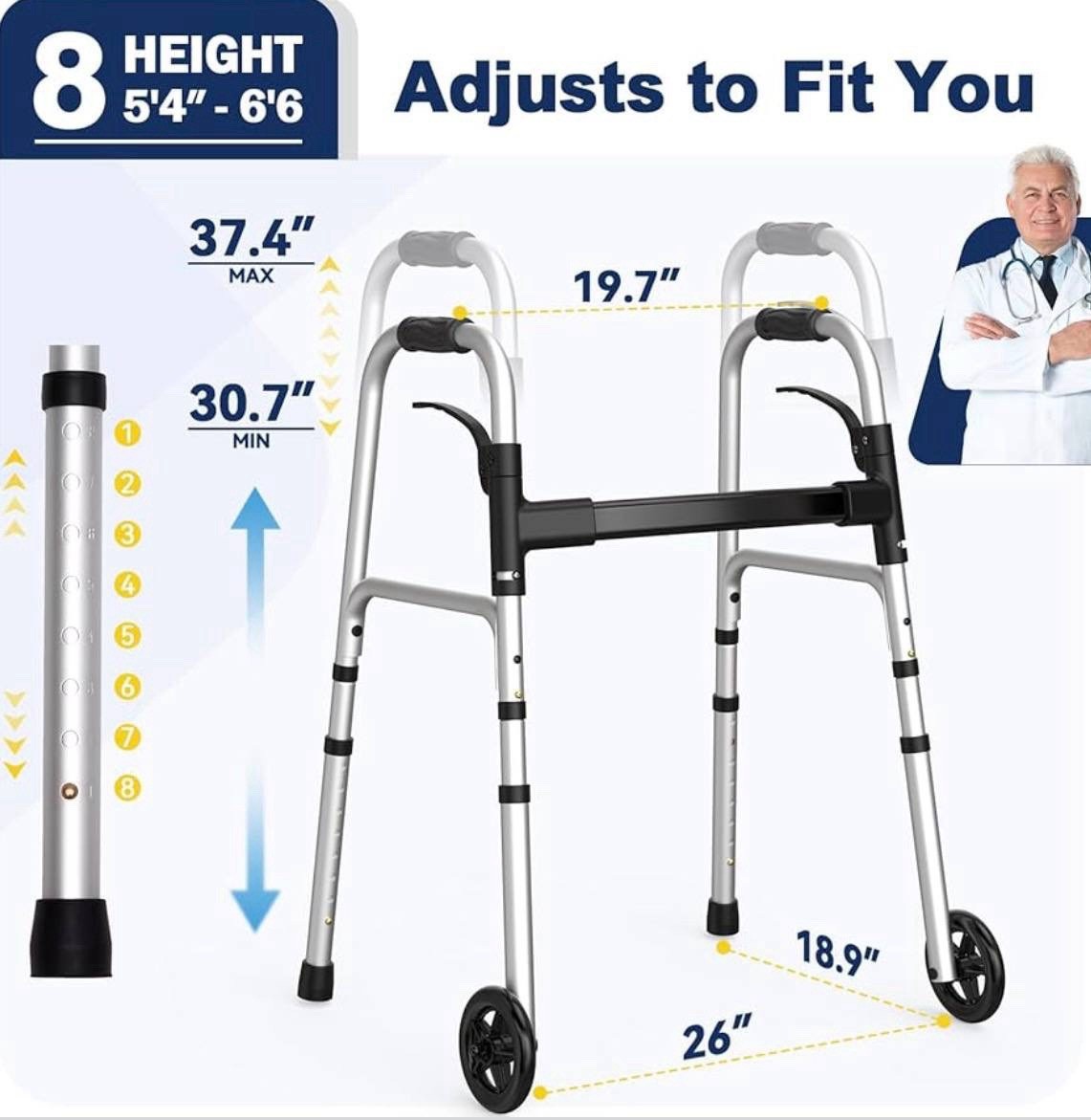 Foldable Walker with Wheels & Seat Storage Bag Adjustable Height Lightweight