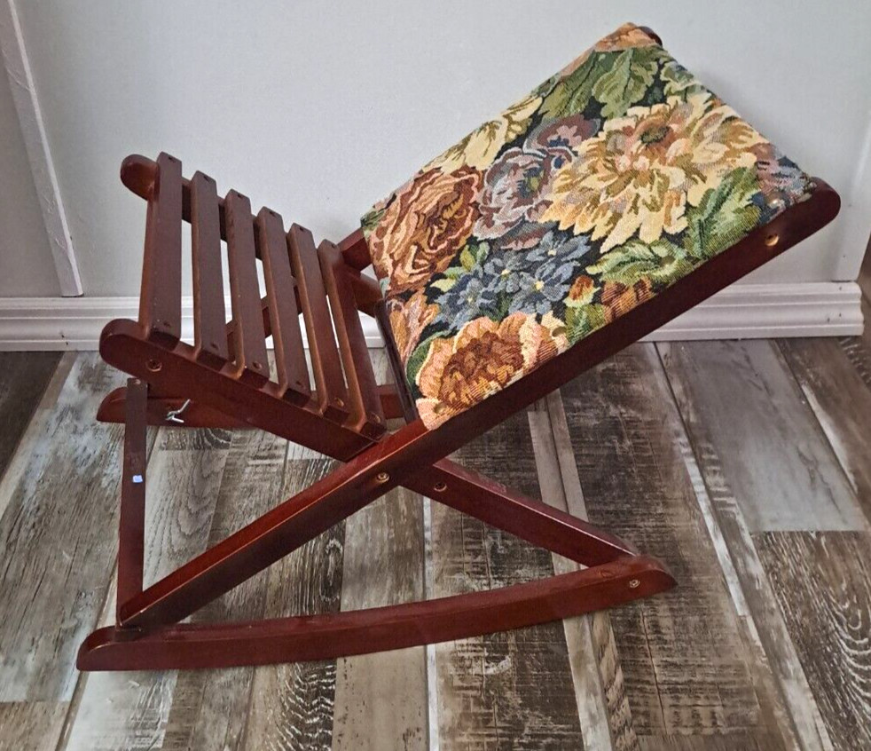 Foldable Rocking Footrest Wood W Tapestry Floral Cushion Upholstered Cottage