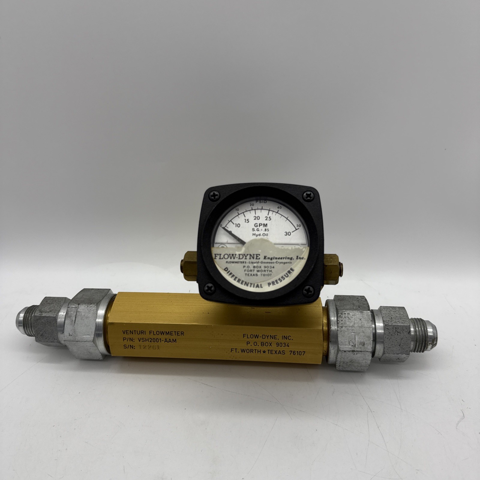 Flow‑Dyne Venturi Flowmeter VSH2001‑AAM + Pressure Gauge Hydraulic Oil GPM Meter