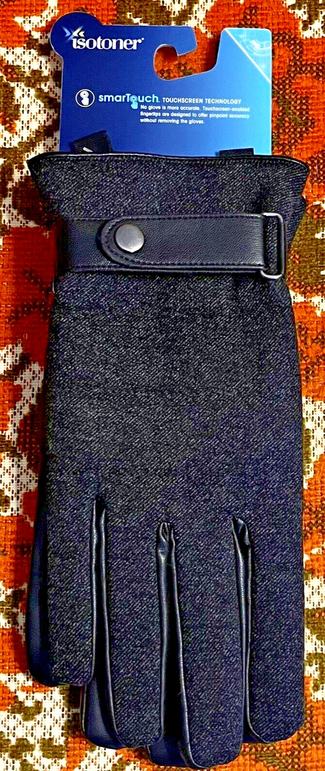 Isotoner Gloves Mens Med Black Fleece Lined Faux Leather SmartTouch