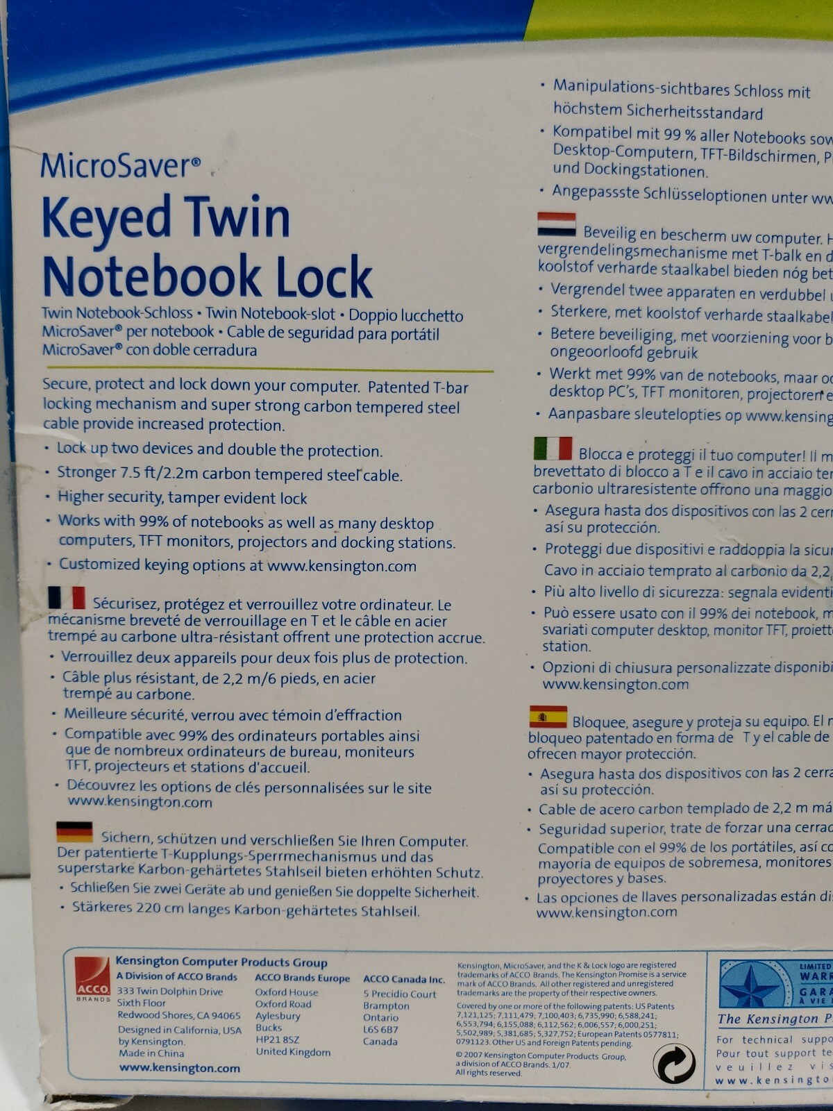 Kensington Notebook Lock Keyed 7 1/2 Ft Cable Lock Computer Security K64025F