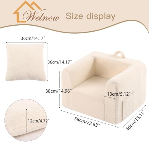 Kids Sofa with Pillow, Cozy Toddler Chair Soft Foam Seat for Sherpa Beige