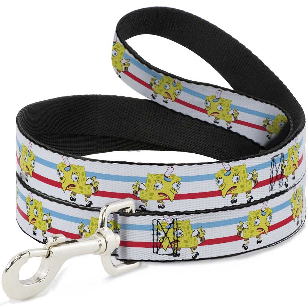 Dog Leash Mocking SpongeBob Pose Stripe White/Blue/Red NARROW 0.5"