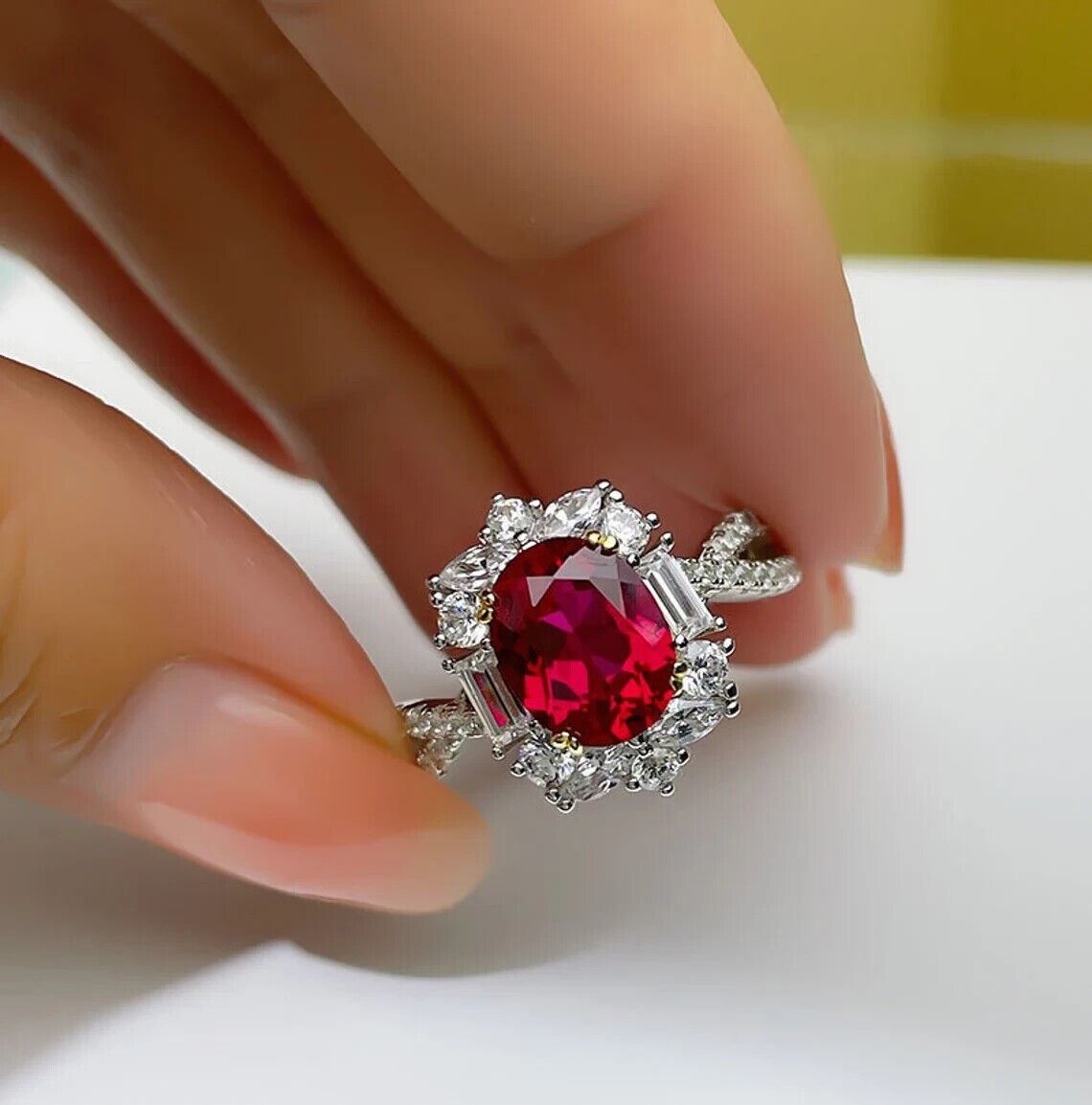 4.60 Ct Oval Cut Natural Ruby & Diamond Wedding Ring 14K White Gold Size 8