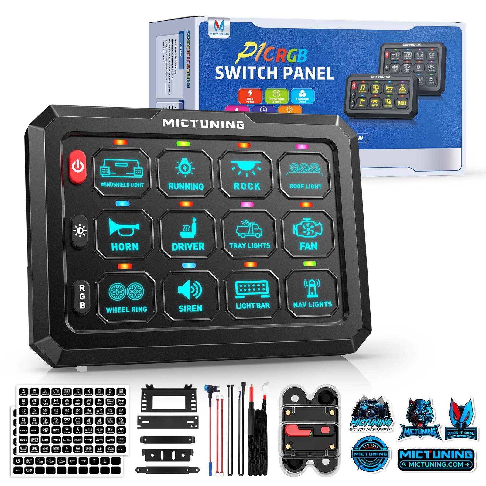 P1C 12 Gang RGB Switch Panel Momentary Toggle Flash Strobe Control Relay System