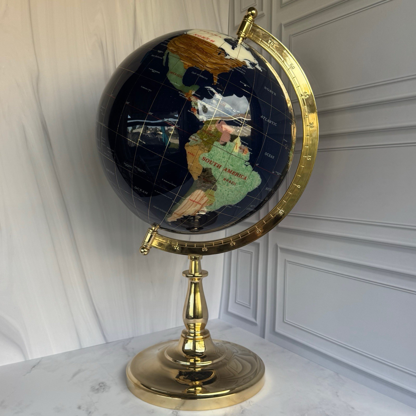 🌍 Large Semi-Precious Stone World Globe on Brass Stand