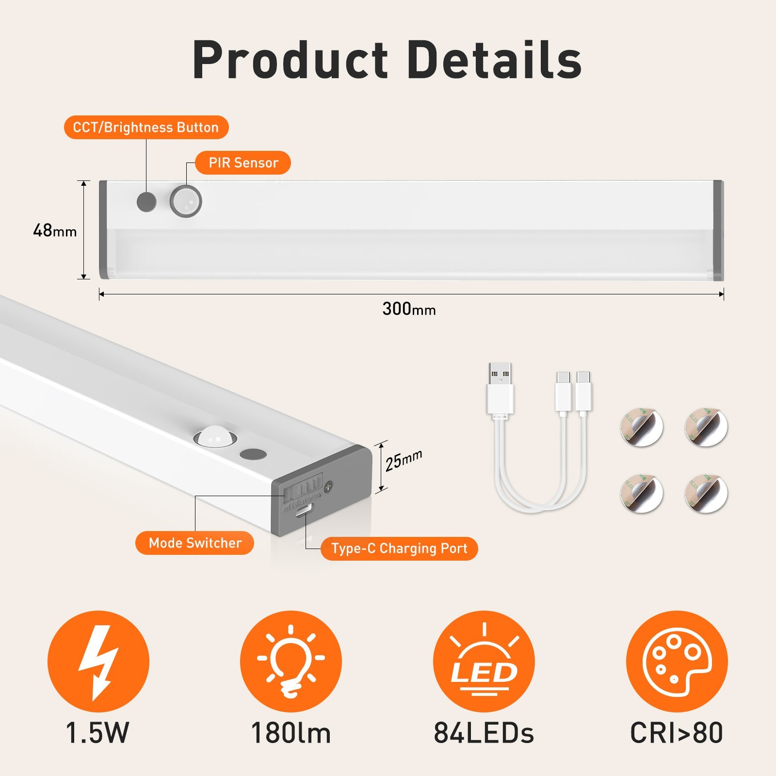2Pcs Motion Sensor LED Cabinet Closet Light CCT DIM Strip Light USB Rechargeable