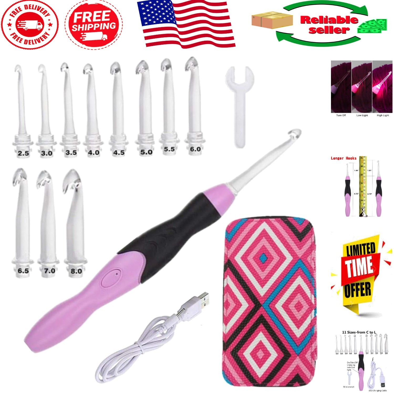 Rechargeable Lighted Crochet Hooks - 11 Interchangeable Sizes with Travel Case