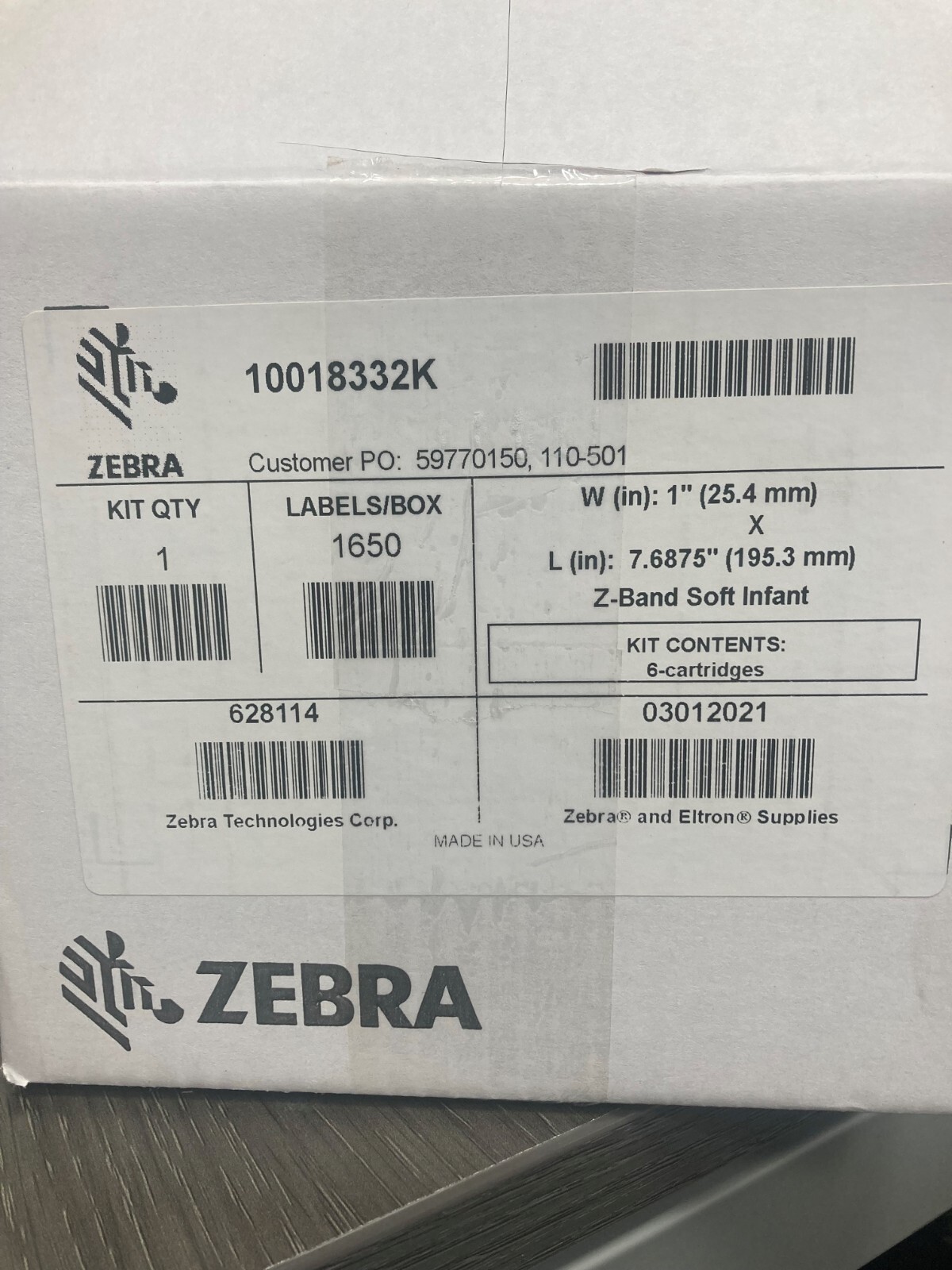 Zebra Z-Band Ultra Soft Infant Wristbands 10018332K, 6 Cartridges - 1650 Total