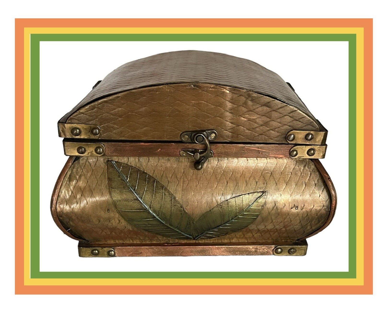 13" Bombay Company Co Wooden Chest Trunk with Diamond Pattern and Green Leaves
