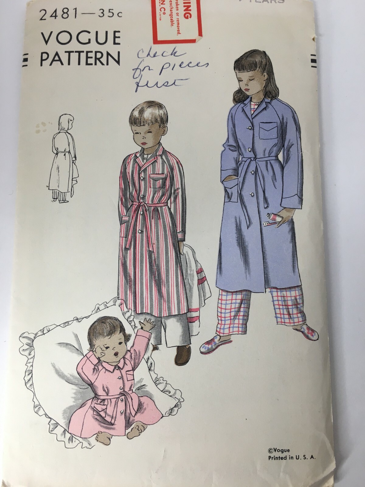 Vintage Vogue Sewing Pattern 2481 Childs Robe Single Breasted Sz 4 Complete