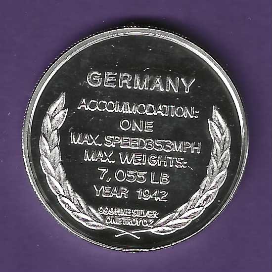 WORLD WAR II FIGHTER – MESSERSCHMITT .999 SILVER ROUND
