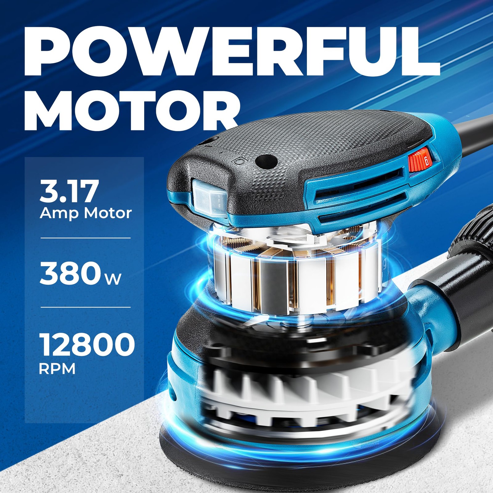 5Inch Random Orbital Sander 3.2A 12800OPM Electric Palm Sander, 6 Variable Sp...