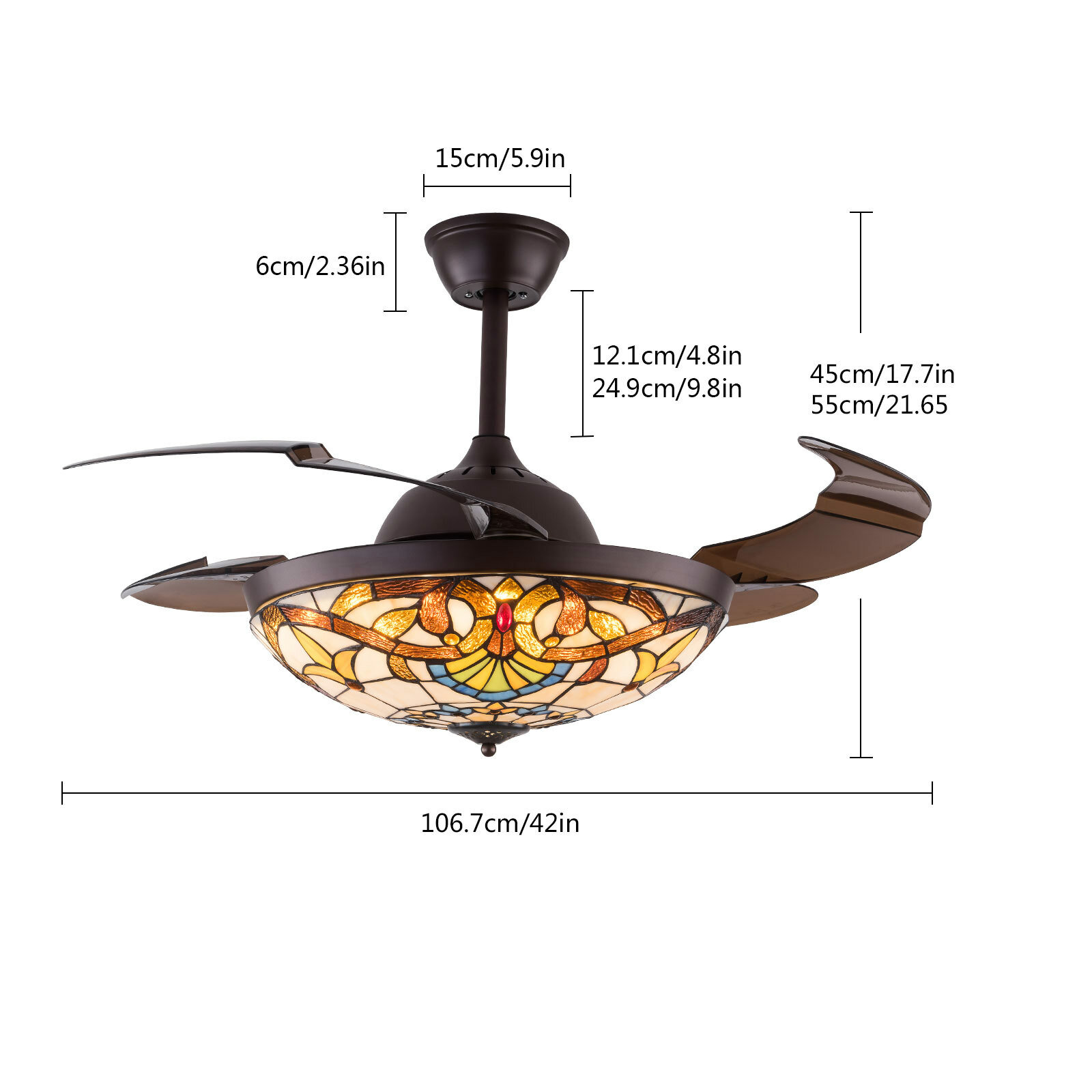 Tiffany 42-Inch Retractable Ceiling Fan Light LED Chandelier Remote CCT