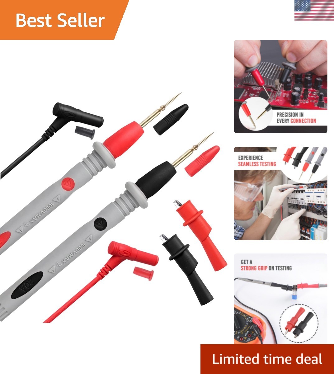 Multimeter  Leads, PT1005 1000V 10A Multi-Meter  Probes Kit with 2 Crocodile ...
