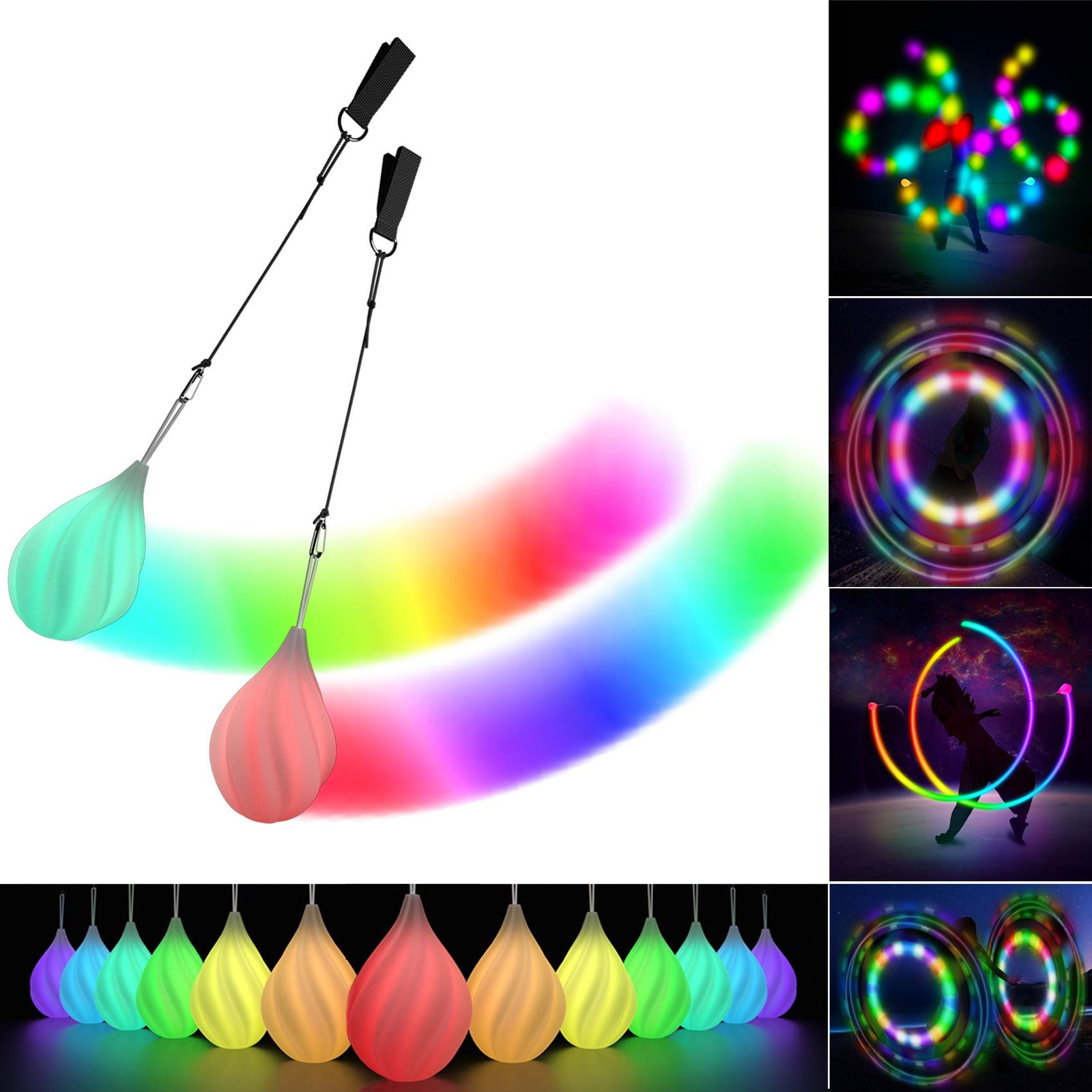 LED Poi Balls Set for Children and Adults - Luminous Medium, Multicoloured