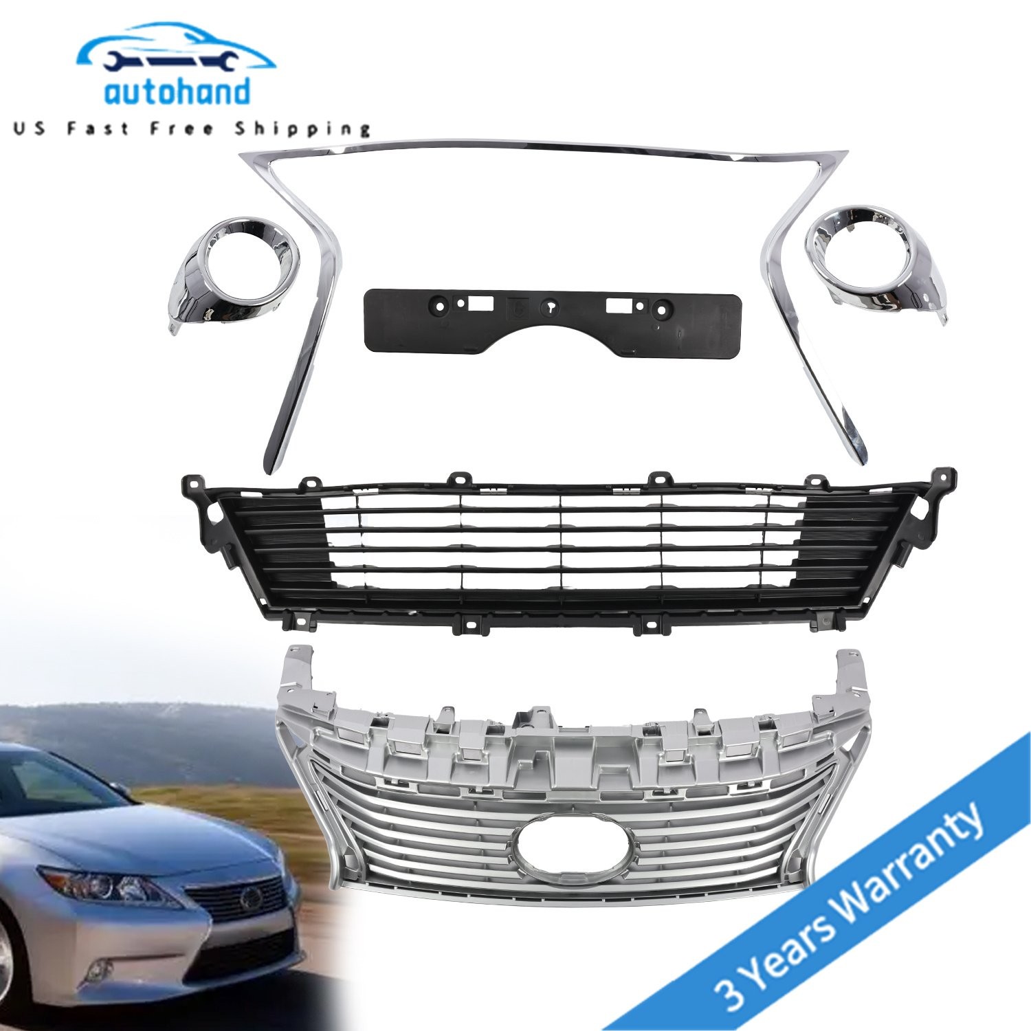 For 2013 2014 2015 Lexus ES350 ES300H Front Grille Molding Fog Trim Chrome Set