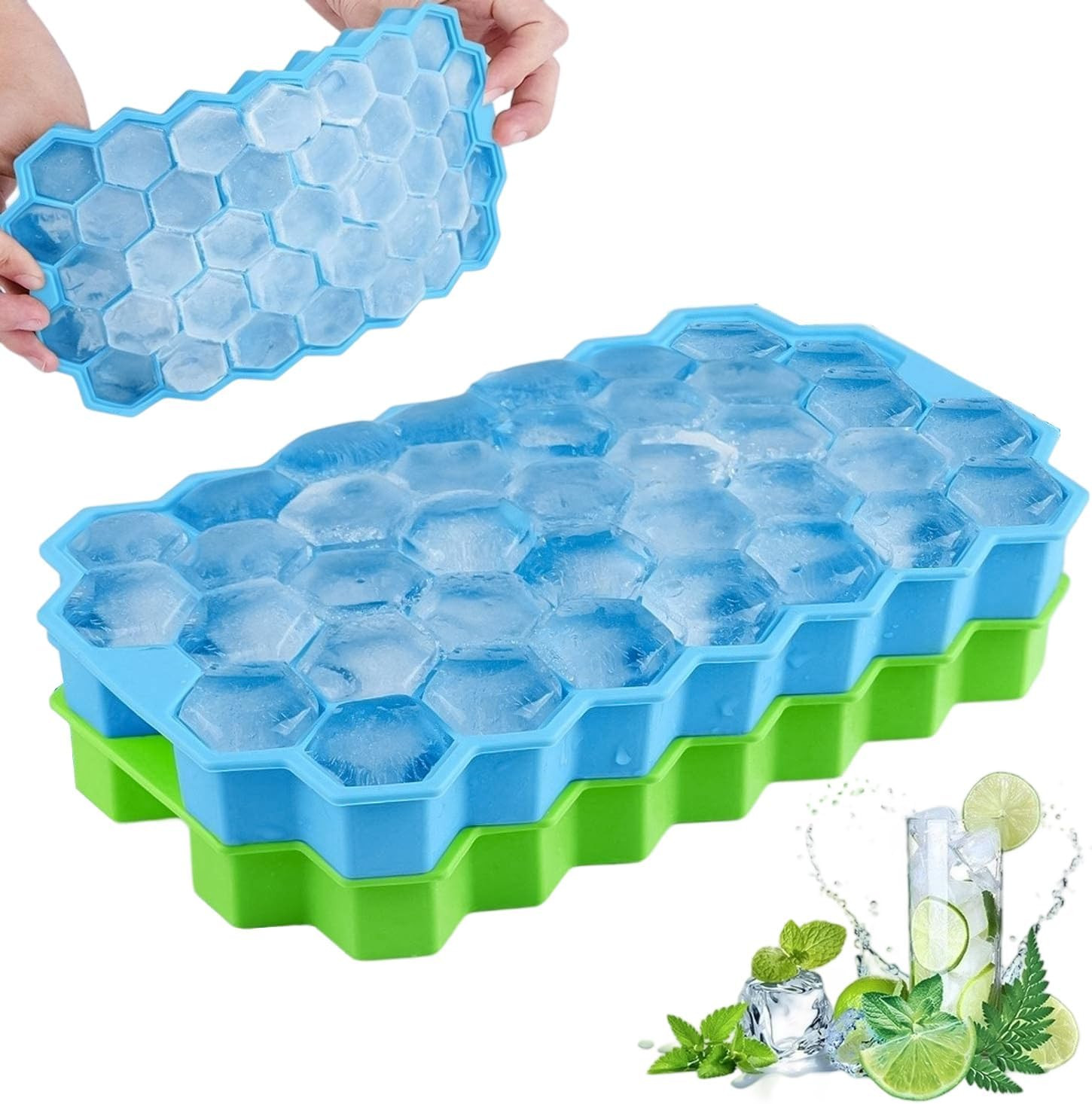 2 Pcs Honeycomb Ice Cube Trays for Freezer with Lid, Silicone Ice Cube Tray, 74