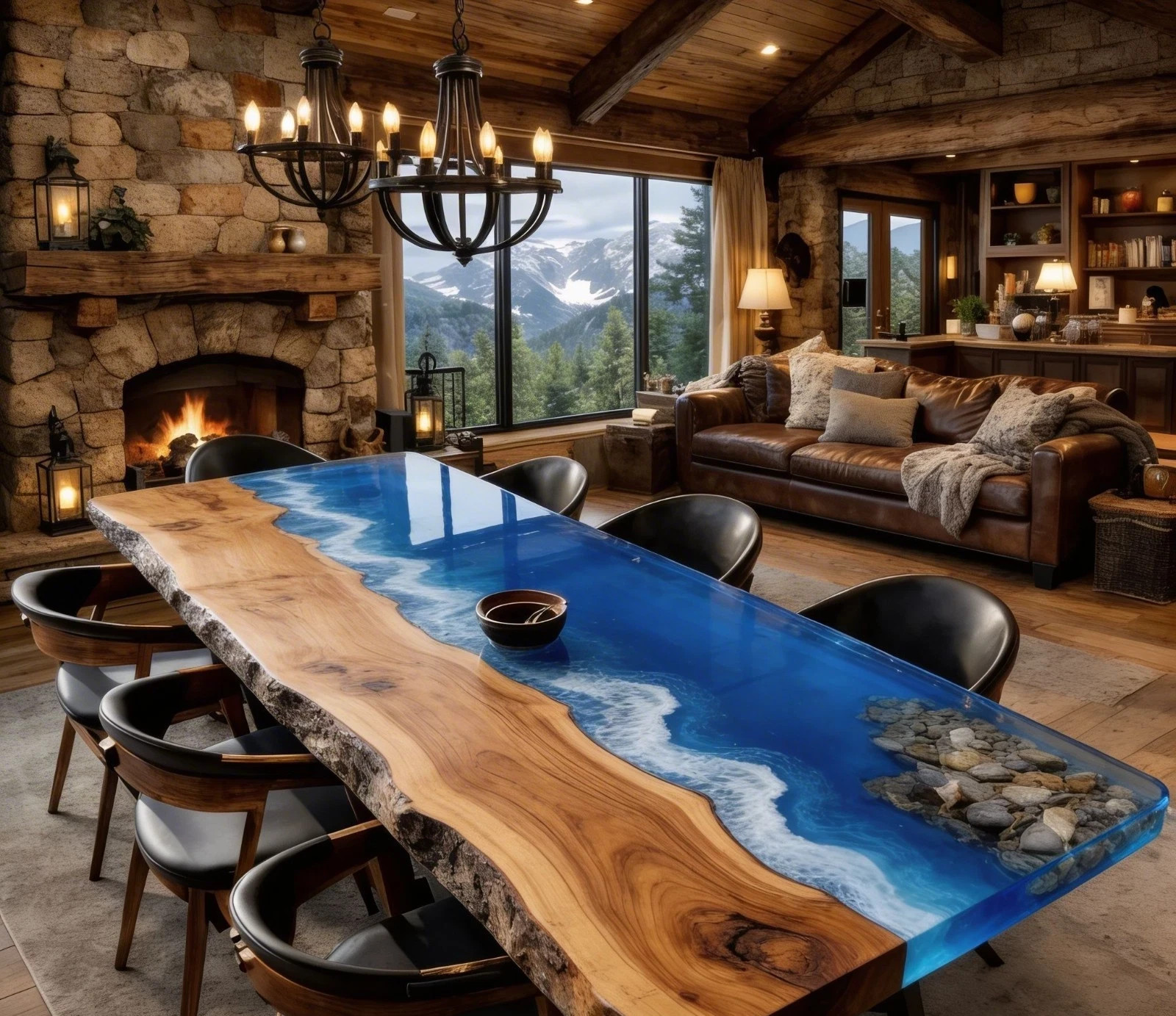 Handmade Live Edge Wood Epoxy Dining Table, Custom Resin River Table