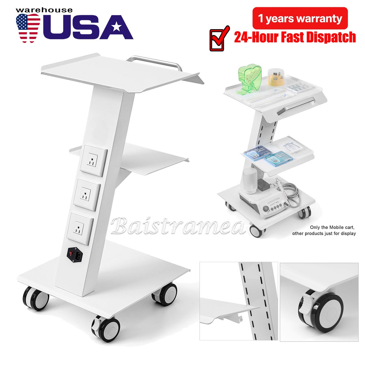 3 Layers Dental Medical Tool Cart Built-in Socket Mobile Instrument Trolley