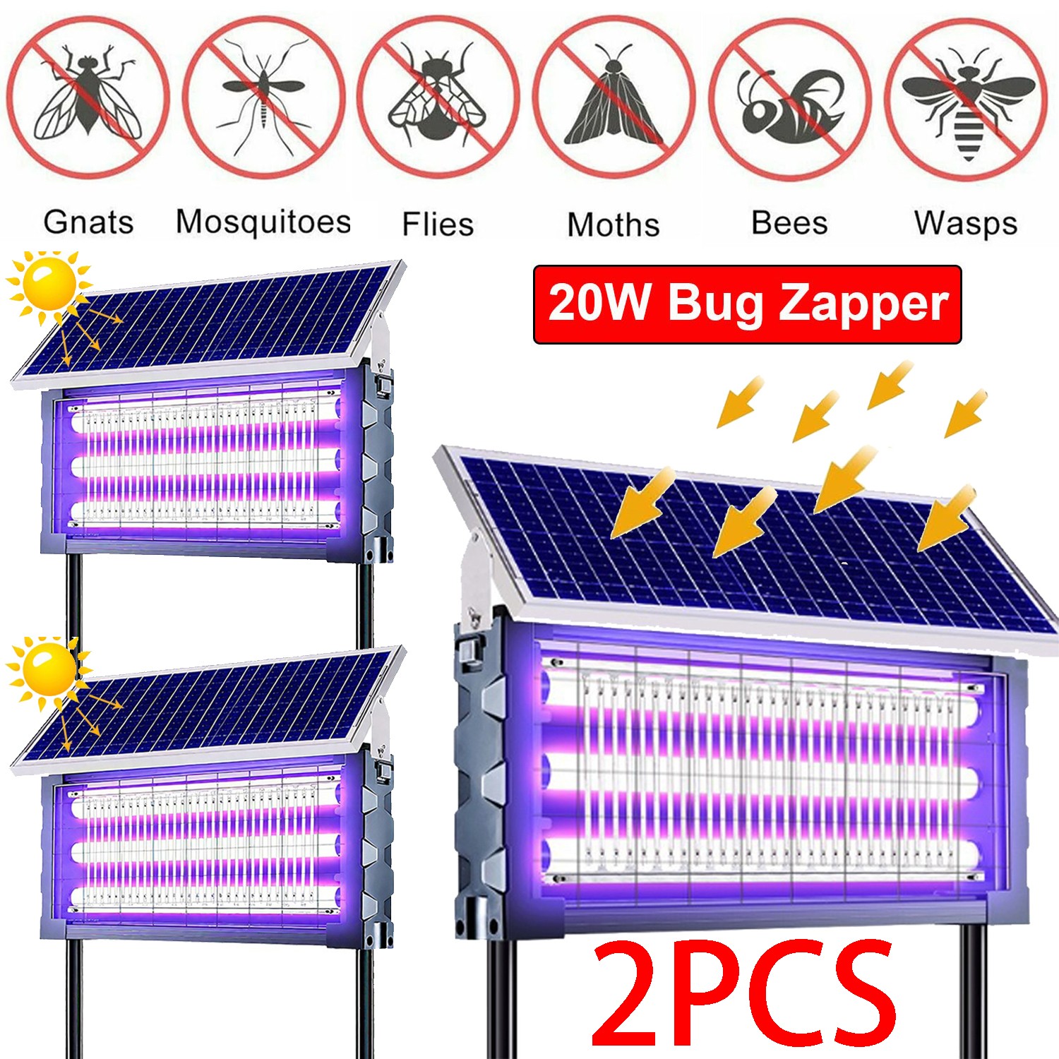 2X Solar Bug Zapper Outdoor 4500V Rechargeable Mosquito Killer&Fly Zapper Garden