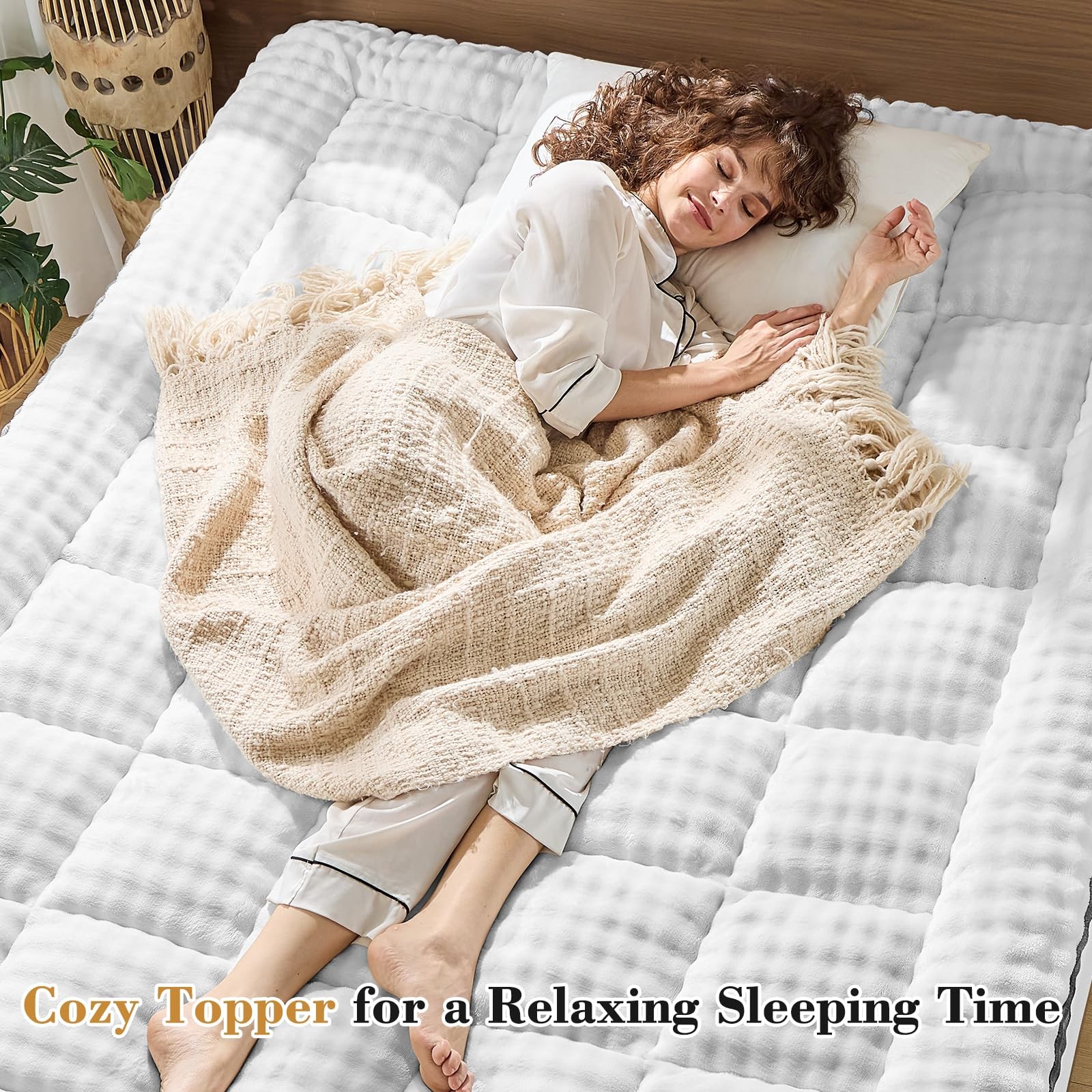 Cymula Queen Mattress Topper Fleece Bubble Pillow Top Queen, White
