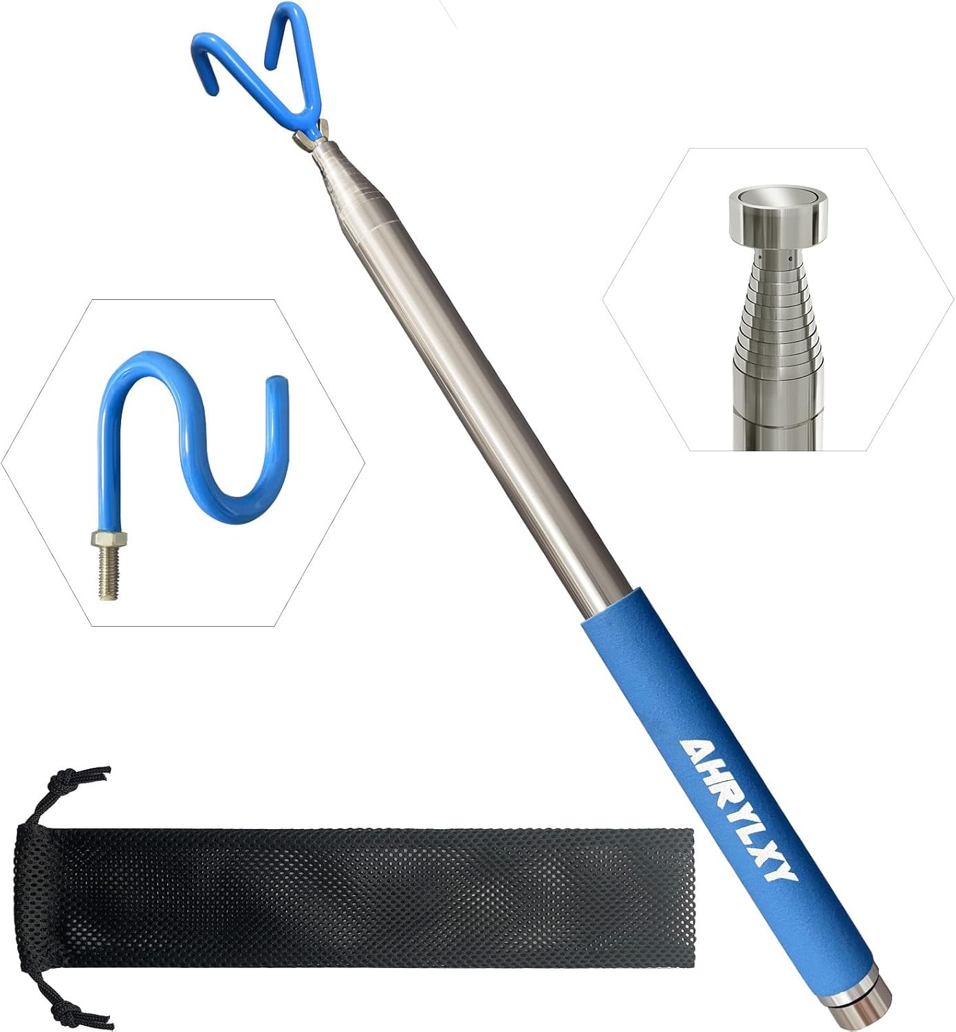 Telescoping Pickup Tool Magnetic Pole with 3 Hooks, 10 FT Telescopic Push Pull