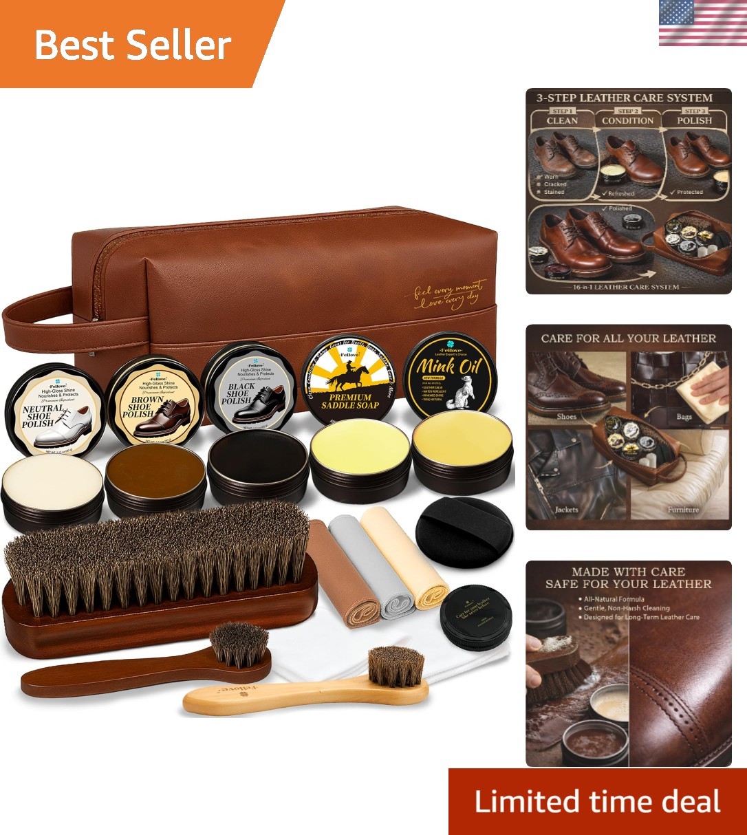 All-in-One Leather Shoe Polish Kit: 3-Step Cleaning Routine with  Tools