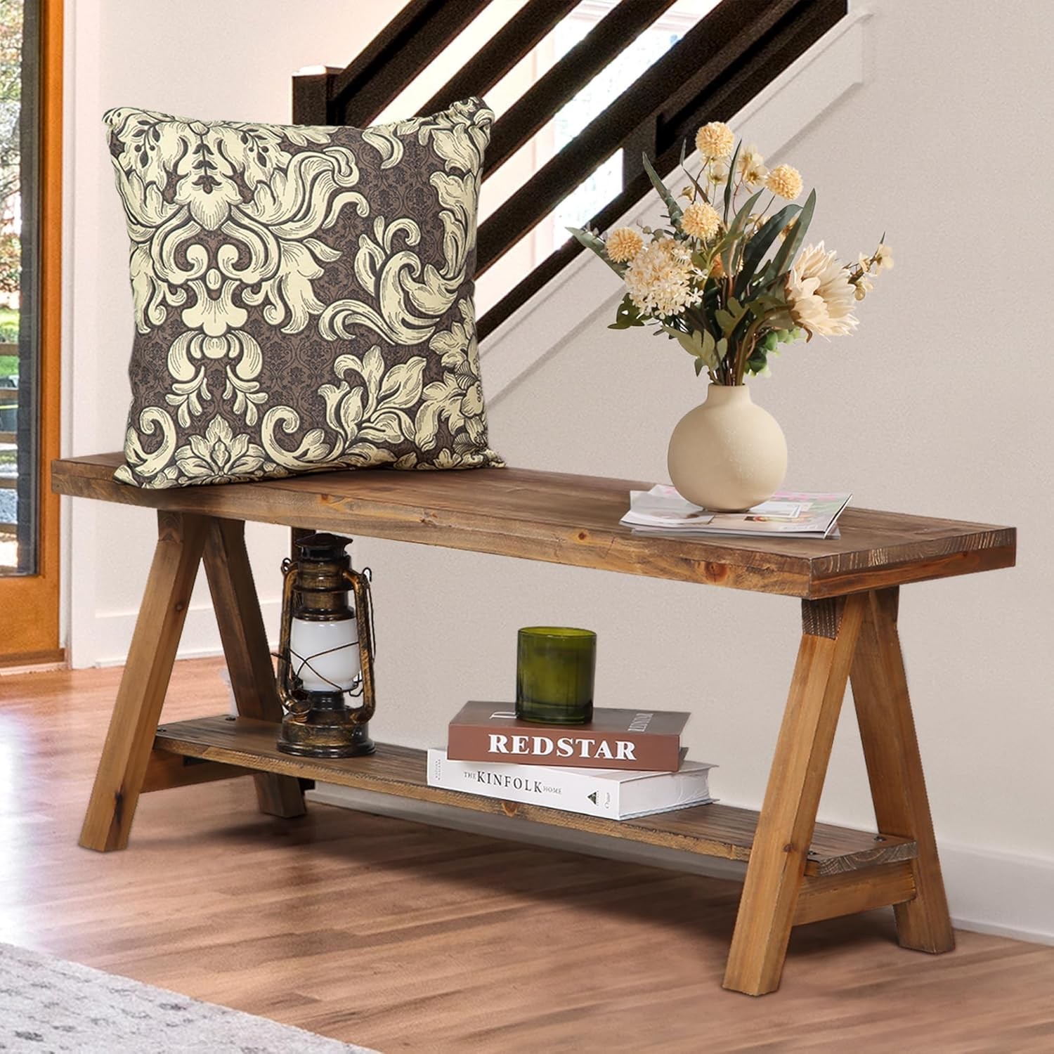 Wnutrees 43" Farmhouse Wood Bench, Long 43" wood bench, Natural