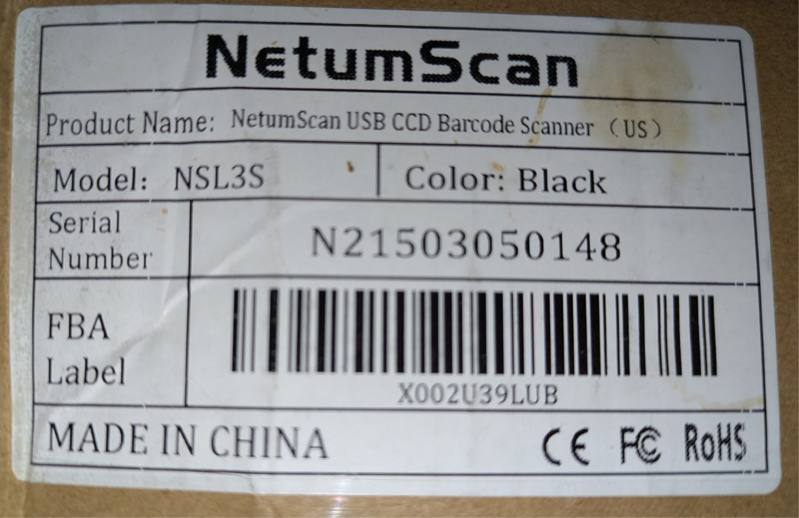 NetumScan NSL3S USB CCD Barcode Scanner - New with stand.