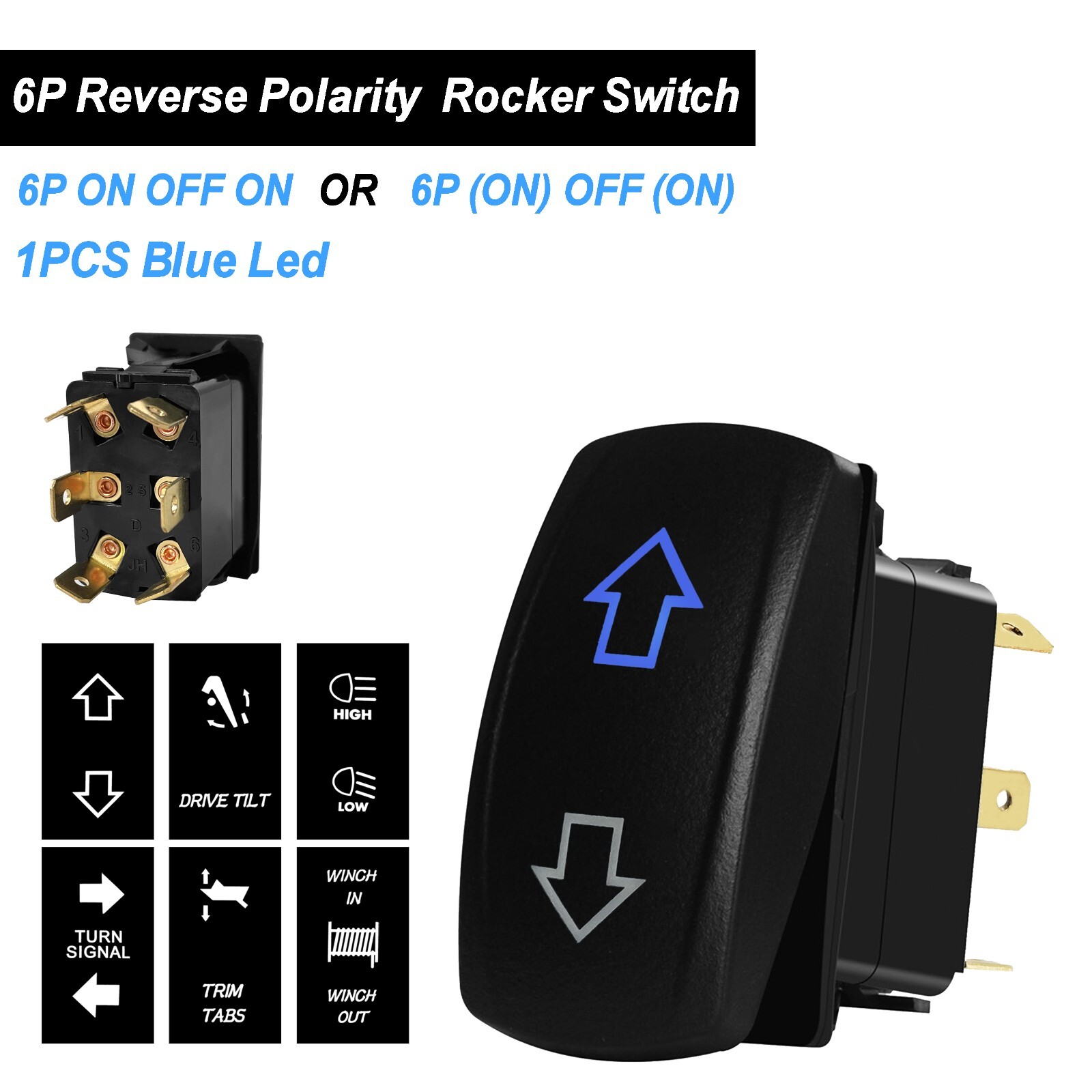 Arrows 6Pins Blue Led Polarity Reversing Rocker Switch For Car Boat Marine IP66