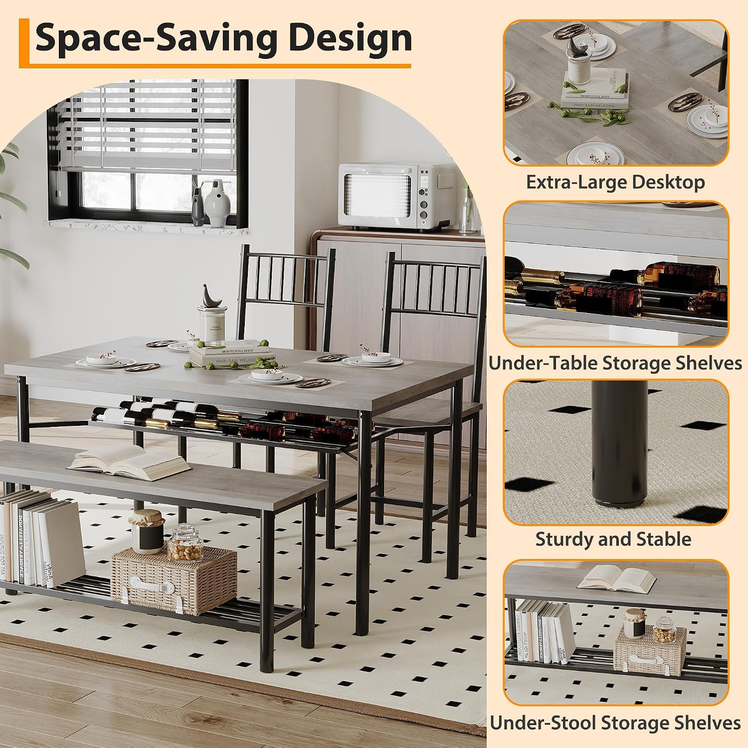 Farmhouse Dining Table Set for 4,Rectangular Kitchen Table with 2 Upholstered Ch