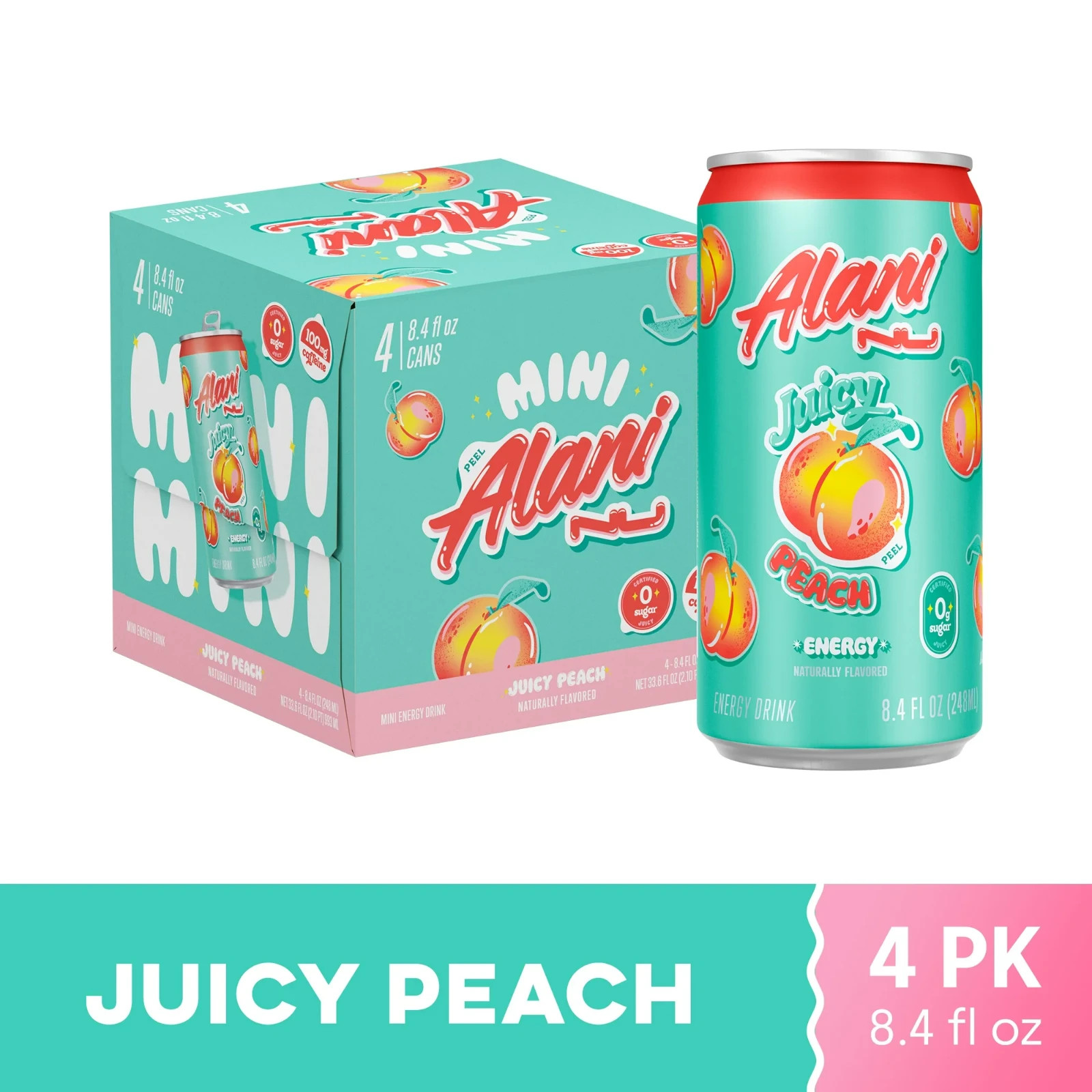 Alani Nu Mini Energy Drinks Juicy Peach 8.4 oz Zero Sugar 100mg caff SINGLE CAN