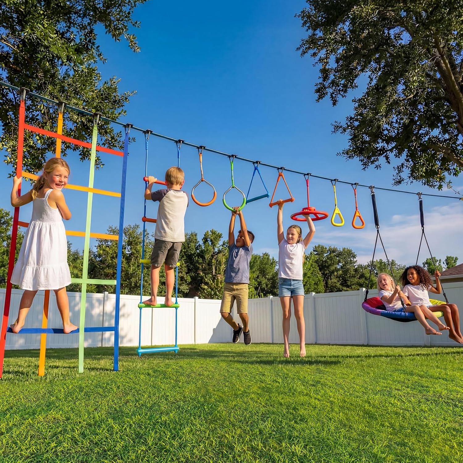 2X 50ft Ninja Warrior Obstacle Course for Kids Slackline w/ Monkey Bars Climbing