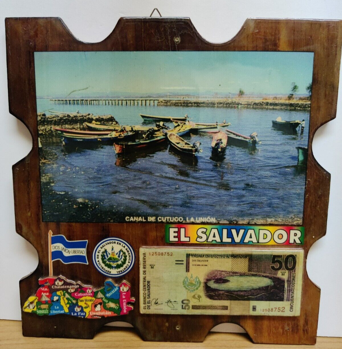 OOAK vintage wooden art memory picture framed collage shellacked El Salvador