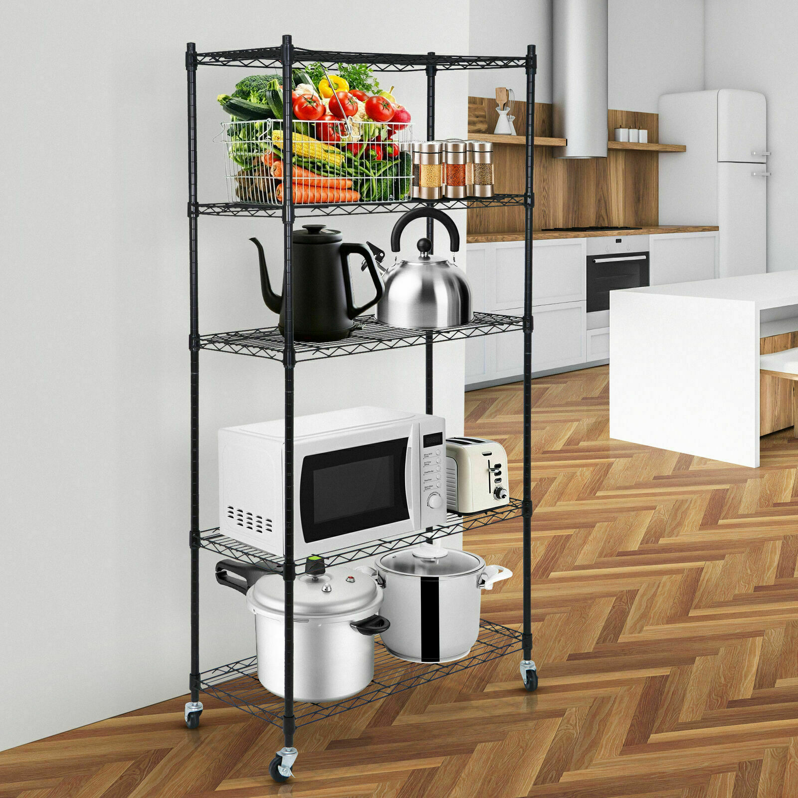 2PCS 5 Tier Wire Shelves Rack Storage Unit Rolling with 4 Wheels Casters Black