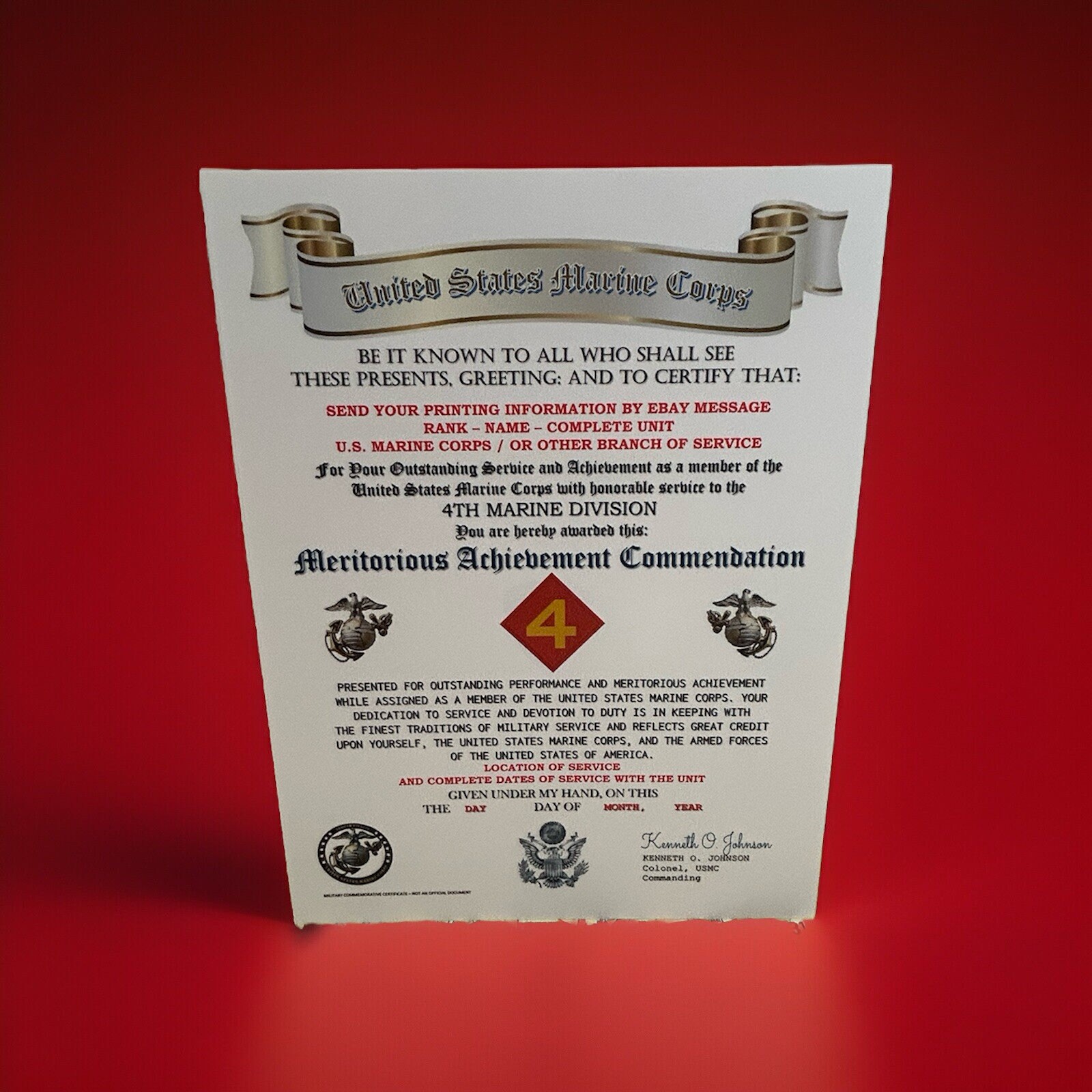 U.S. MARINE CORPS / 4TH MARINE DIVISION - MERITORIOUS ACHIEVEMENT COMMENDATION