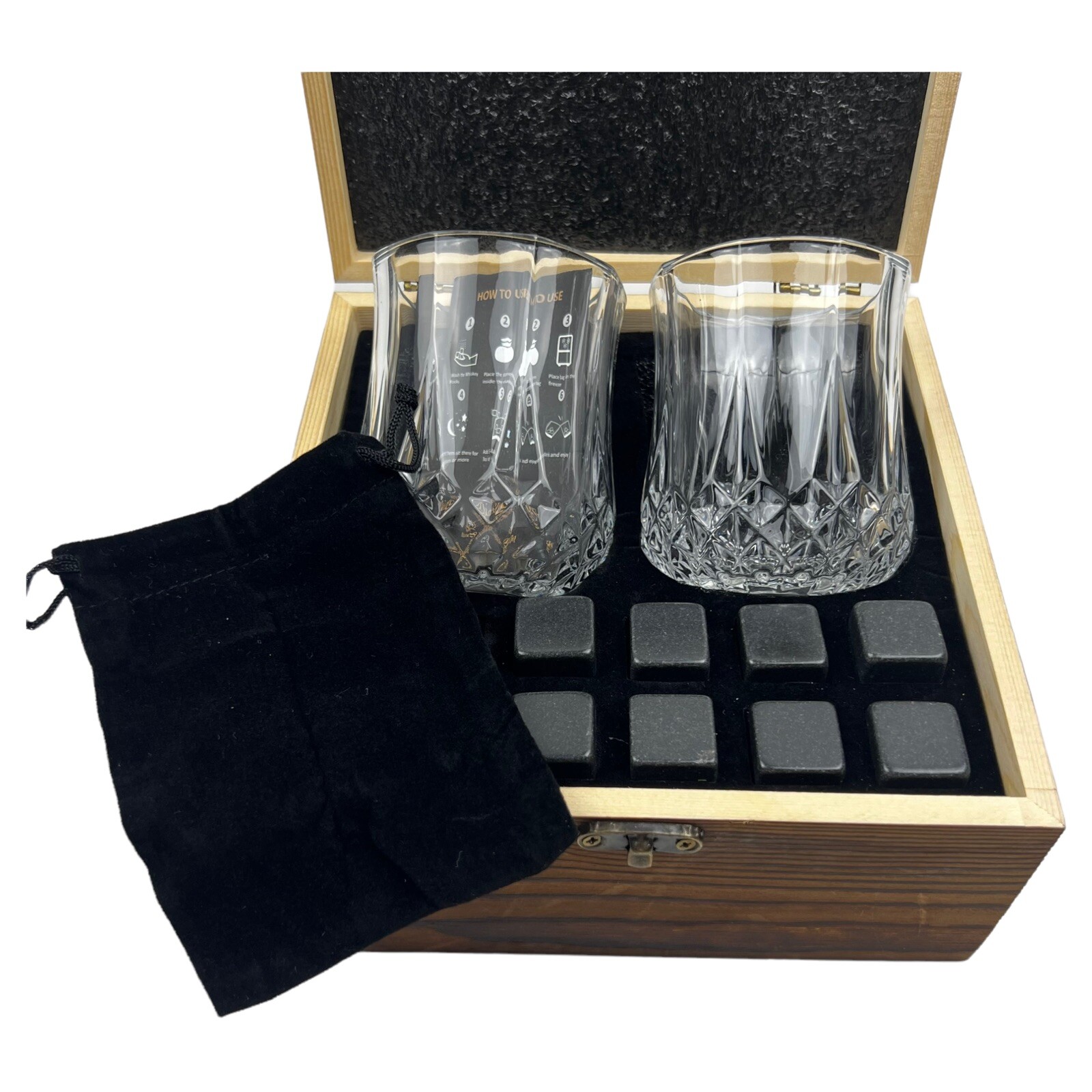 Mirror Sky Whiskey Stones Two Glasses Eight Whiskey Rocks Wood Box Barware NEW