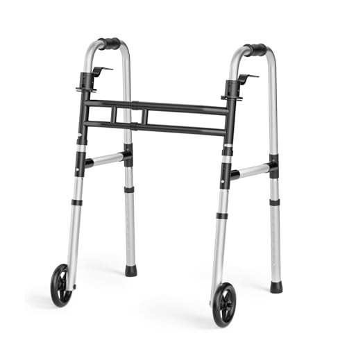 Lightweight Folding Walker for Seniors, Adjustable Height & Width, 5'' Front Whe