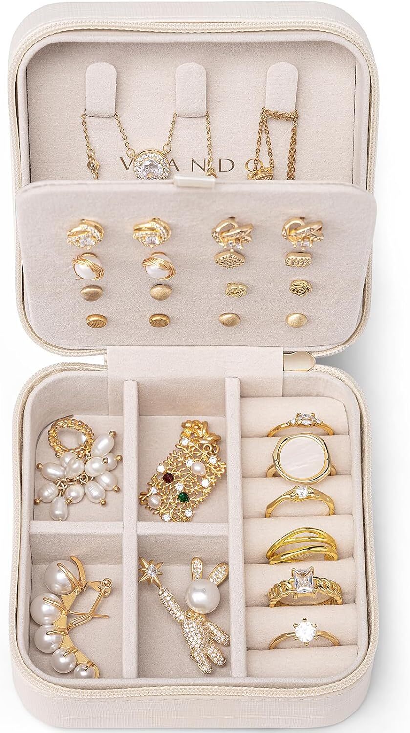 Vlando Travel Jewelry Case, Small Organizer S 1-Earring, Beige