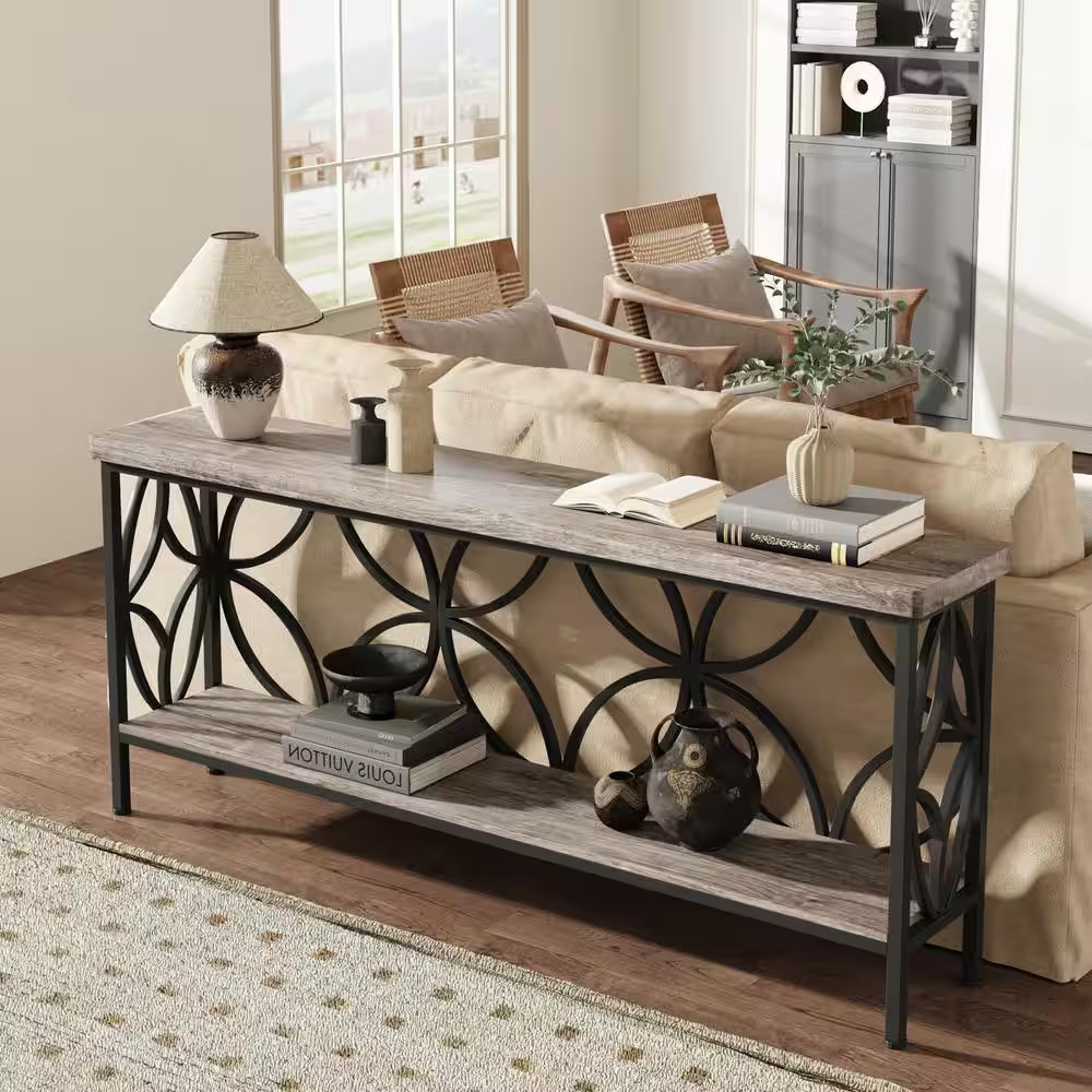 Turrella 70.9 In. Gray Rectangle Engineered Wood Narrow Console Table with Stora