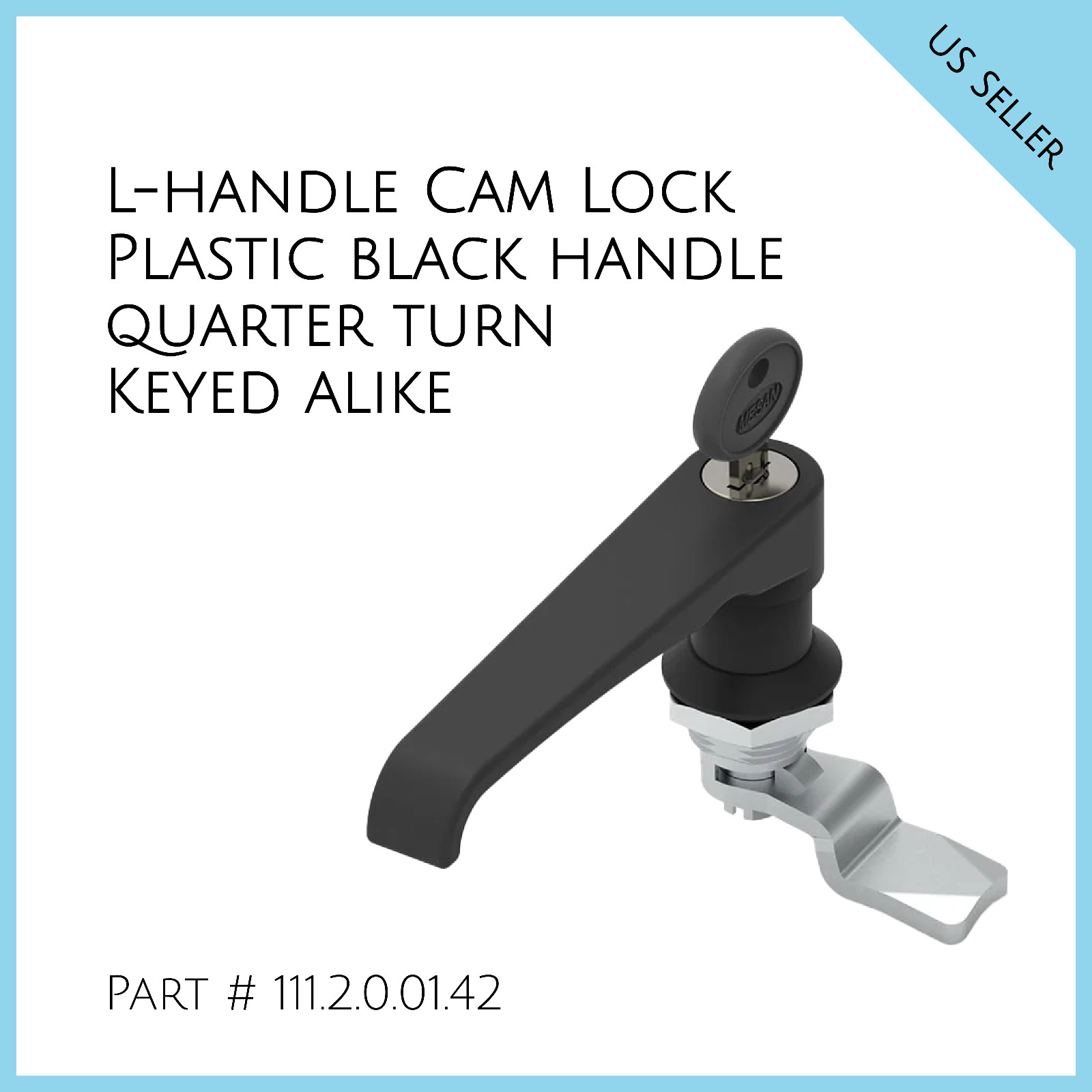 L - Handle Cam Lock (Plastic) Keyed Alike. 18.5 mm shaft. Part # 111.2.0.01.42.