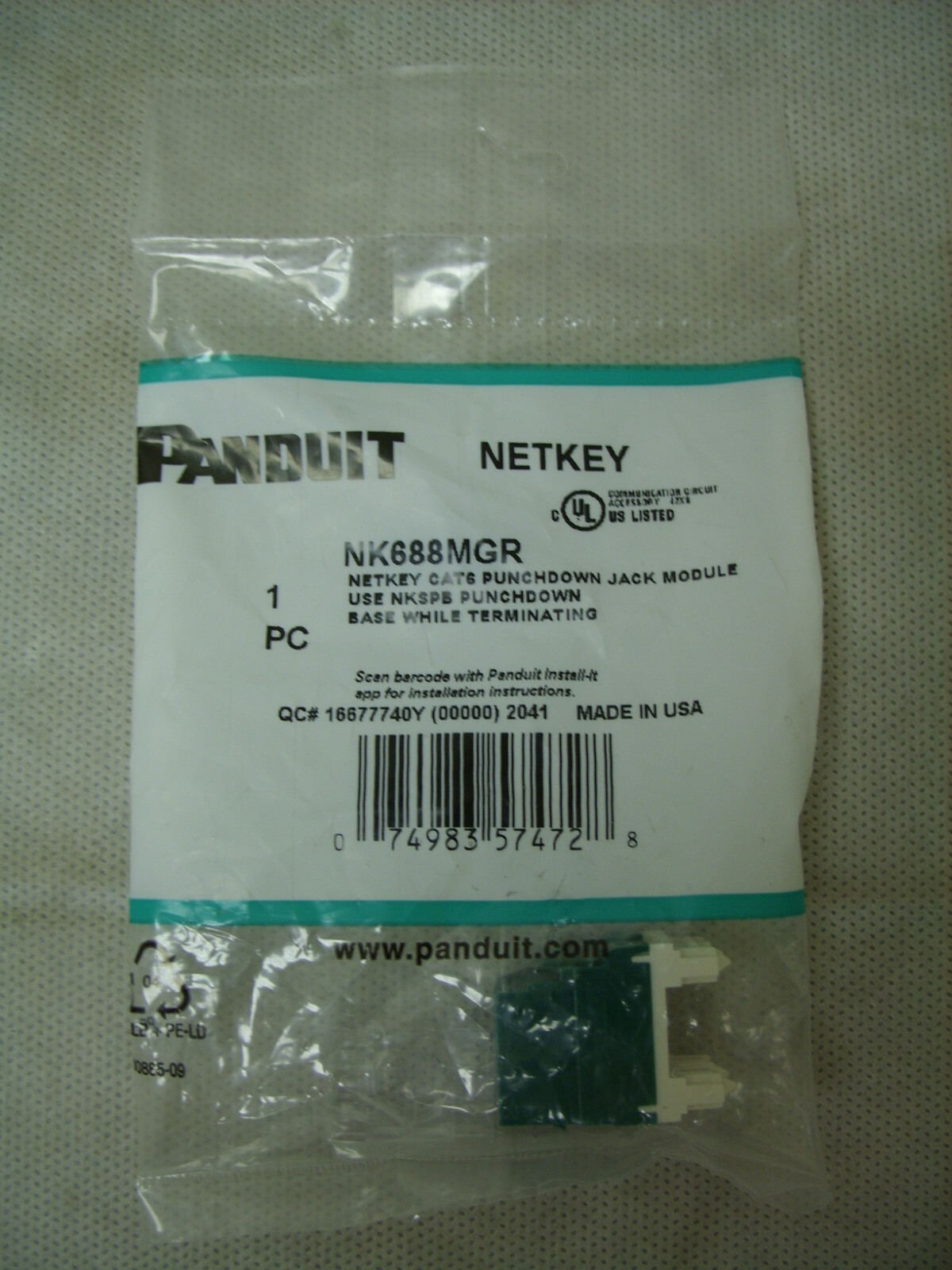 NK688MGR Panduit NetKey Category 6 CAT6 Punchdown Jack Module Green - Sealed NOS