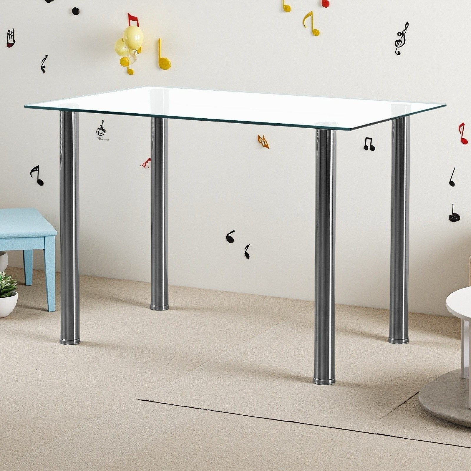 Glass Dining Table - 4 Seater Tempered Clear Glass 43.3" Rectangle Kitchen Desk