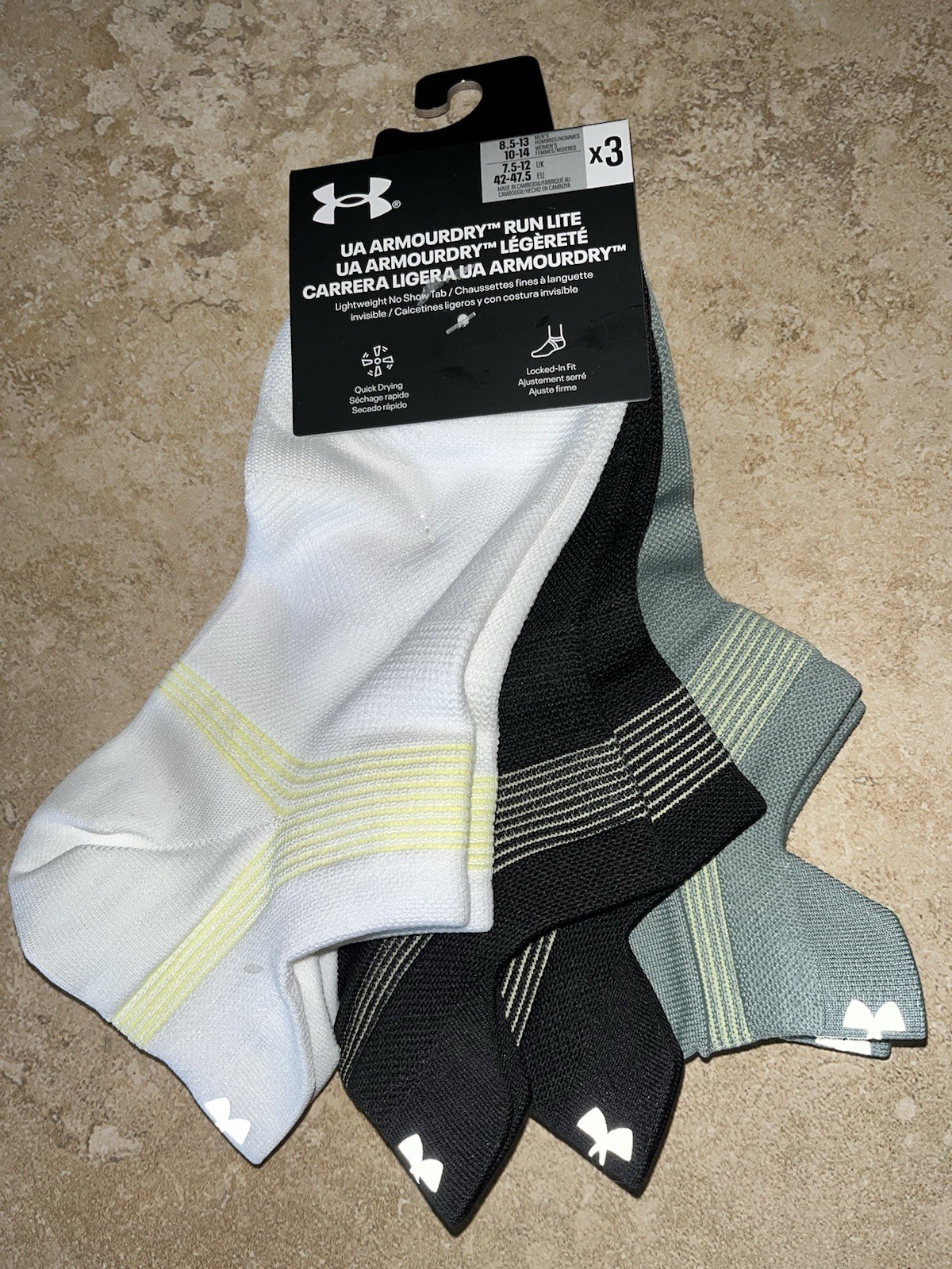 New Under Armour 3 Pair ArmourDry Run Lite NO SHOW TAB Socks Lg 8.5-13