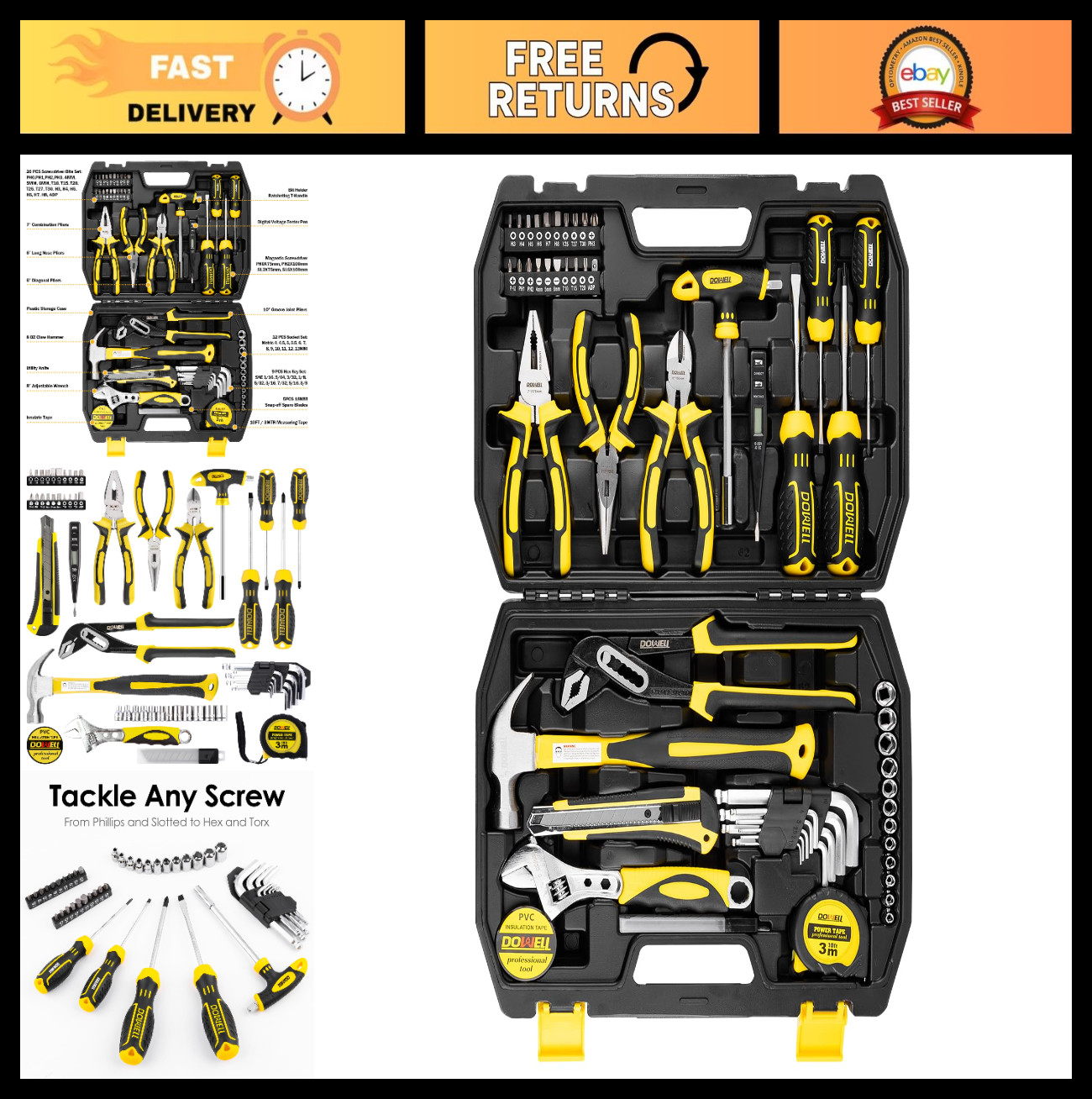 62PCS Tool Set - Complete Homeowner Wrench, Pliers & Screwdriver Kit, Portable S