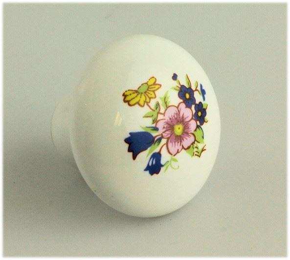 White Ceramic Knob w/ Flowers - 1-3/8"