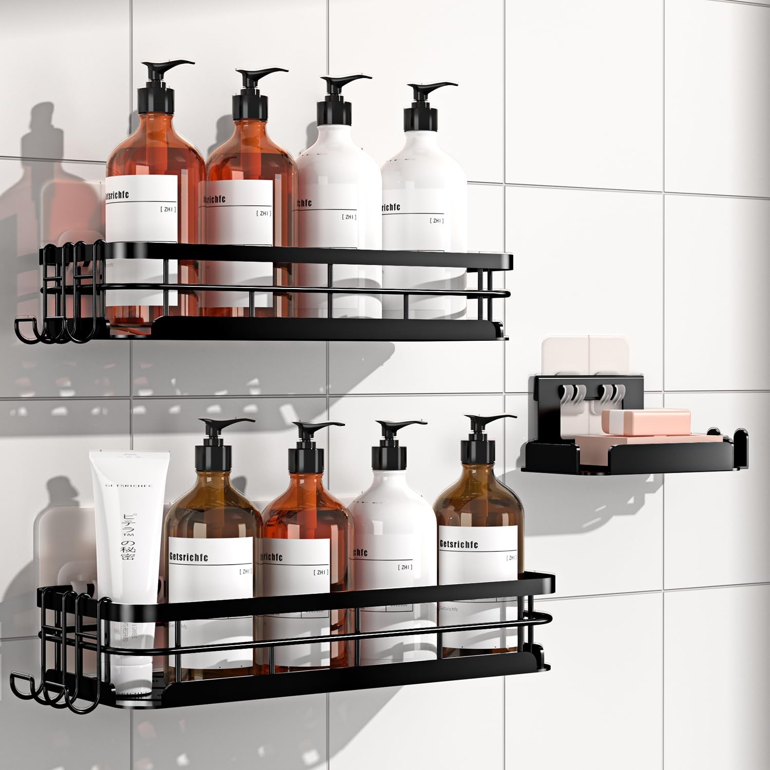 Getsrichfc Large Capacity Shower Caddy, Heavy-Duty Adhesive Black
