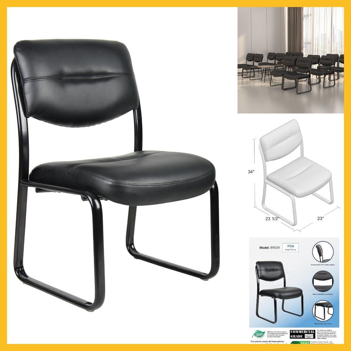 Boss Office Products B9539 Leather Sled Base Side Chair in Black, 250