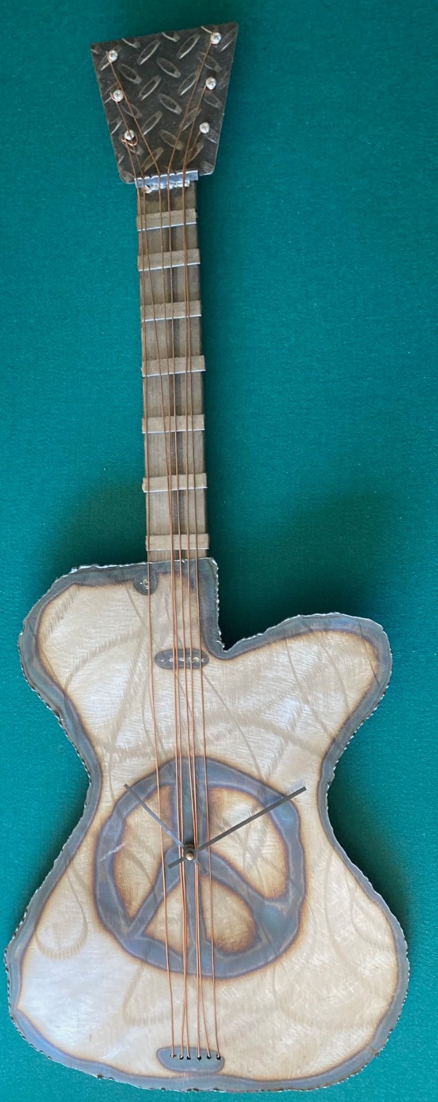 HAND SCULPTED~METAL GUITAR~WALL CLOCK~PEACE SYMBOL~AA BATTERY~VERY KOOOOL...!!!